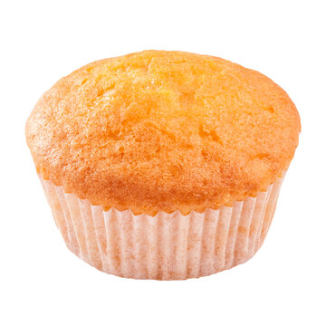 Soft and moist muffin in paper baking cup isolated on white