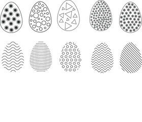 Easter eggs set with different patterns isolated on white background. Coloring page for children's book, antistress painting.