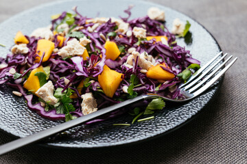 Home made red cabbage mango salad with vegan feta