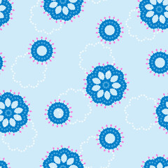 Seamless abstract pattern of cosmic flowers. Vector pattern in calm blue tones. Chaotic arrangement of elements. Lovely design for fabric and wrapping paper.