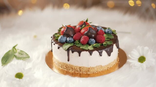 Cake with chocolate drips and berries