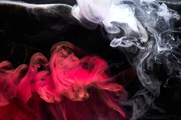 Black and red ink background, colorful fog, abstract swirling ocean, acrylic paint pigment underwater, white smoke