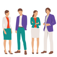 Obraz premium Set of young men and women, different colors, cartoon character, group of silhouettes of standing business people, students, the design concept of flat icon, isolated on white background