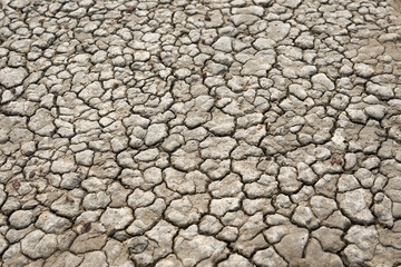 Cracked soil due to the long dry season. Rivers, lakes or ponds can dry and crack like this to form an irregular circle or hexagon pattern. Droughts like this often occur in African countries