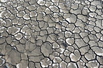 Cracked soil due to the long dry season. Rivers, lakes or ponds can dry and crack like this to form an irregular circle or hexagon pattern. Droughts like this often occur in African countries