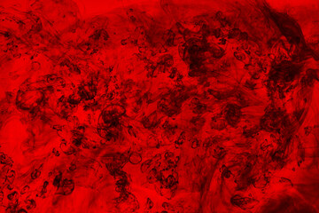 Black and red ink background, colorful fog, abstract swirling ocean, acrylic paint pigment underwater, dark smoke