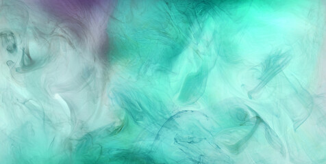 Fototapeta na wymiar Green smoke on white ink background, colorful fog, abstract swirling emerald ocean sea, acrylic paint pigment underwater
