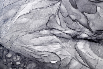 Abstract gray ink watercolor background. Black paint stains and spots in water, luxury fluid liquid...