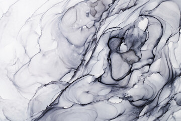 Abstract gray ink watercolor background. Black paint stains and spots in water, luxury fluid liquid...