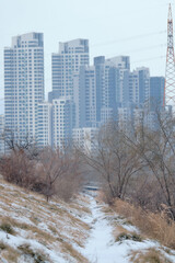 Snow on a path and stairs in a park of Seoul with some buildings on the background