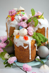 Light Easter. Easter cakes and eggs with flowers. sakura, spring blooming