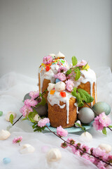 Light Easter. Easter cakes and eggs with flowers. sakura, spring blooming