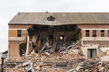 Kyiv (Kiev), Ukraine - February 19, 2022: Partially destroyed, demolished old building with lots of...
