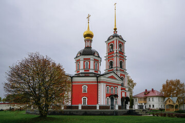 Fototapeta na wymiar Trinity Cathedral in the Trinity-Sergius Varnitsky Monastery on a cloudy rainy day, Rostov the Great, Yaroslavl region, Russia