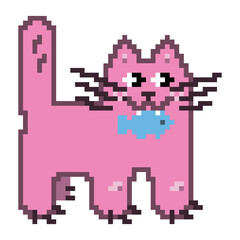 Funny pink kitten with a fish in his teeth, pixel graphics. A cartoon character in a flat style. A cat in the style of computer games of the 90s.