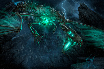 The ghostly undead dragon swoops down on the figure of the wizard, who, in the form of a spirit, stands on the edge of the cliff.