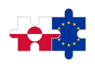 Naklejka premium puzzle pieces of greenland and european union flags. vector illustration isolated on white background