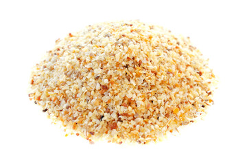 Garlic powder, isolated on white background, top view. Dried granulated garlic isolated on white background, top view. Dried garlic on a white background, top view. Seasoning, dried garlic.