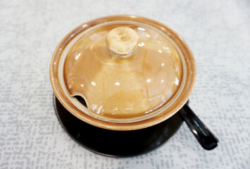 Soup bowl on table, High angle view
