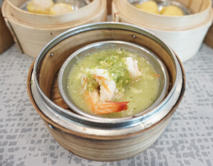Chinese food, Dim sum with shrimps in bamboo container