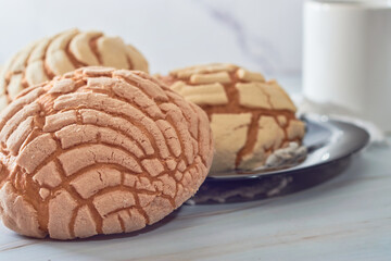 Concha, Mexican sweet bread with a cup of coffee.