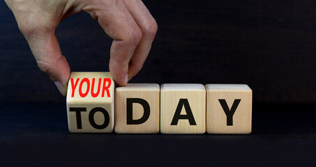 Today is your day symbol. Businessman turns the wooden cube and changes concept words Today to your day. Beautiful grey background, copy space. Business, motivation today is your day concept.