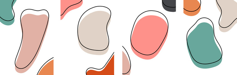 Collection of modern minimalistic abstractions with colored geometric shapes on a white background