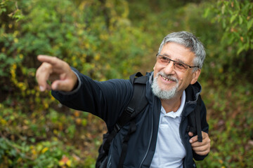 Active handsome senior man stoping for a moment while nordic walking/hiking outdoors on a forest path, enjoying his retirement