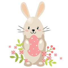 A cute, flat easter bunny with a pink egg. Funny cartoon character for print, greeting card, poster. Vector illustration in flat style isolated on white background.