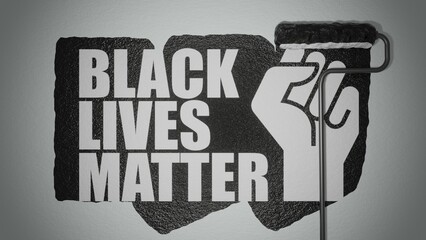 Roller paints the wall in colors of 
BLM flag. 3d render.