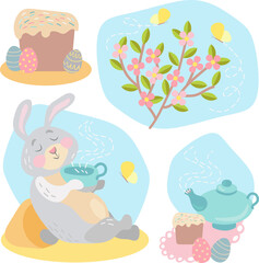 A set of cute Easter design elements. Rabbit, eggs, Easter cake, a flowering branch, a teapot and a cup of tea.