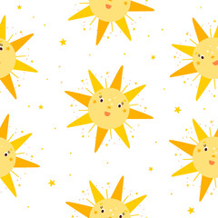 Seamless pattern with cute star sun on a white background. Children's background.