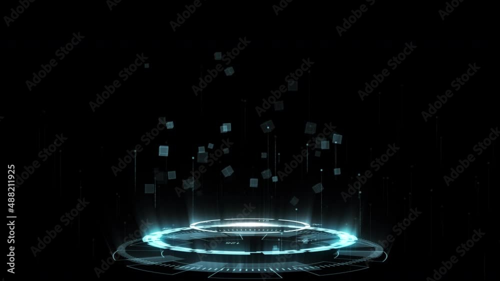 Wall mural motion graphic of blue futuristic circle rotation with cube icon levitation on abstract background t