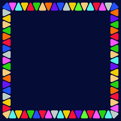 Dark blue background with frame of triangles for decoration, poster, design, inscription, design, interior, banner, book cover, packaging, postcard