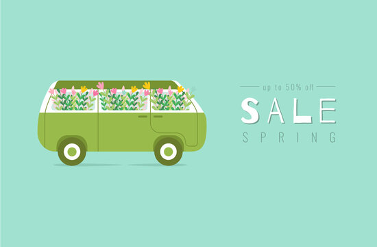 Spring retro car with flowers about women's day sale. For three colours: blue, green and yellow.