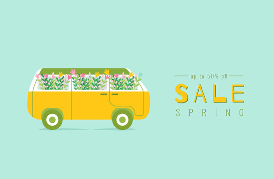 Spring retro car with flowers about women's day sale. For three colours: blue, green and yellow.