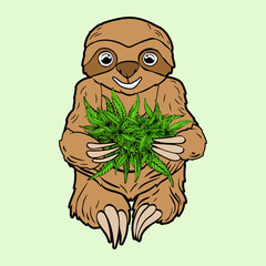 Sloth animal hold cannabis marijuana ganja hemp kush cannabis leaf