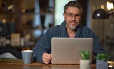 Businessman in home office wearing bathrobe working with laptop computer. Portrait of mature age, middle age, mid adult casual man in 50s, confident happy smiling
