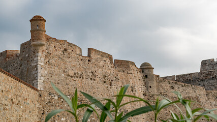 Fortress wall and turrets of Plaza de Armas of the Royal Walls,  in Ceuta, Spain