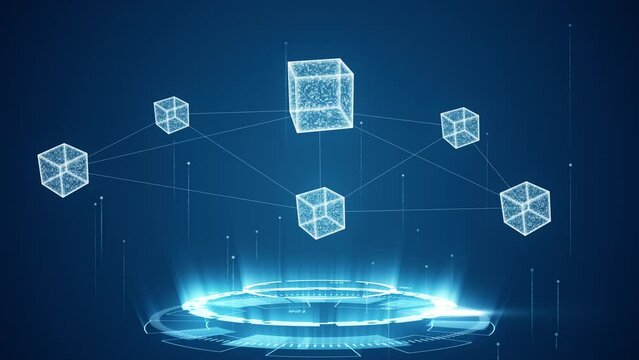 Motion graphic of Blue digital connection cube with futuristic circle rotation and cube icon levitation on abstract background technology and metaverse concept
