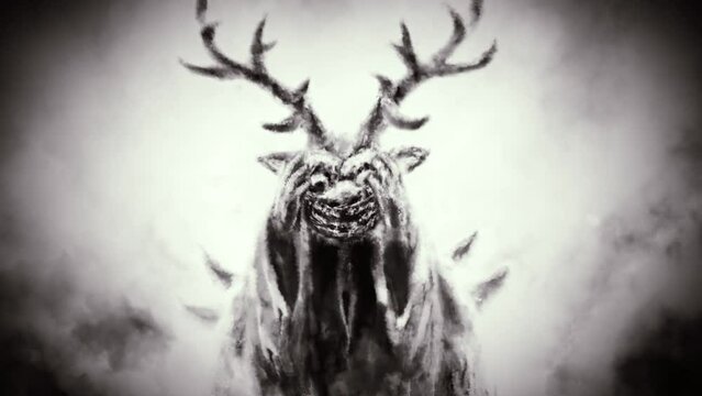 Creepy character dressed as deer takes off his mask. Man with staff looks scared. Long dark road. 2D animation. Gloomy place with fog and strange people. Animated cinematic film nightmares. Spooky Hal