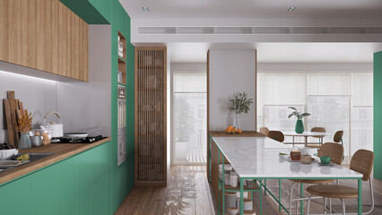 Cozy turquoise and wooden kitchen in modern apartment, Island with stools, parquet. Oven, stove, sink and accessories, hob with pots, breakfast. Contemporary interior design concept