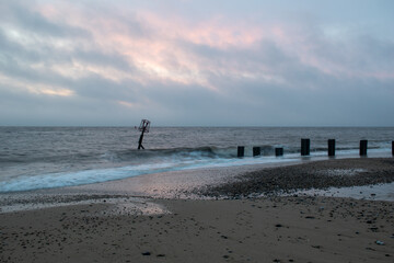 Sunrise over the sea at Gorleston-on-sea in Norfolk, UK. January 2022