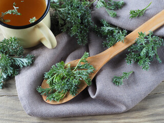 Fresh young wormwood leaves in a wooden spoon and herbal tea in a mug, napkin on a wooden table, flat layout. Medicinal plant artemisia absinthium for use in food, medicine, homeopathy and cosmetology