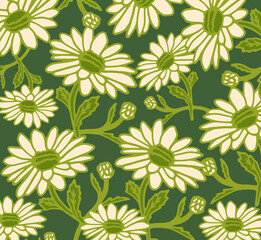 Fototapeta premium Seamless vector background. Creative floral print with chamomile flowers, tulips leaves in hand drawn style on green, olive background. Perfect spring and summer template for fashion design, textiles.