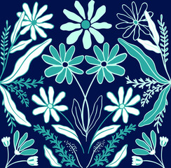 Seamless vector background. Creative floral print with chamomile flowers, tulips leaves in hand drawn style on a blue background. Perfect spring and summer template for fashion design, textiles. 