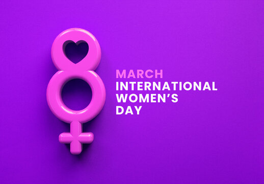 Womens Day icon social media post with March 8 and female symbol on purple background in 3D illustration. International feminism, independence, sisterhood, empowerment and activism for women rights