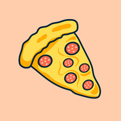 a slice of pizza with a side, cheese, sausages and salts