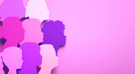 International Women's Day poster with silhouettes of multicultural women's faces in paper cut style and copy space. Sisterhood, female independence and equality in 3D illustration - obrazy, fototapety, plakaty