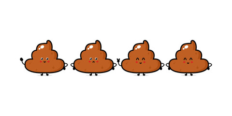 Cute funny smile happy and sad poop set collection. Vector hand drawn cartoon character illustration icon. Isolated on white background. Funny cartoon poop, shit mascot character bundle concept